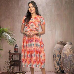 Red Printed Dress with Bow | Harmony Hues | Muvvas Boutique